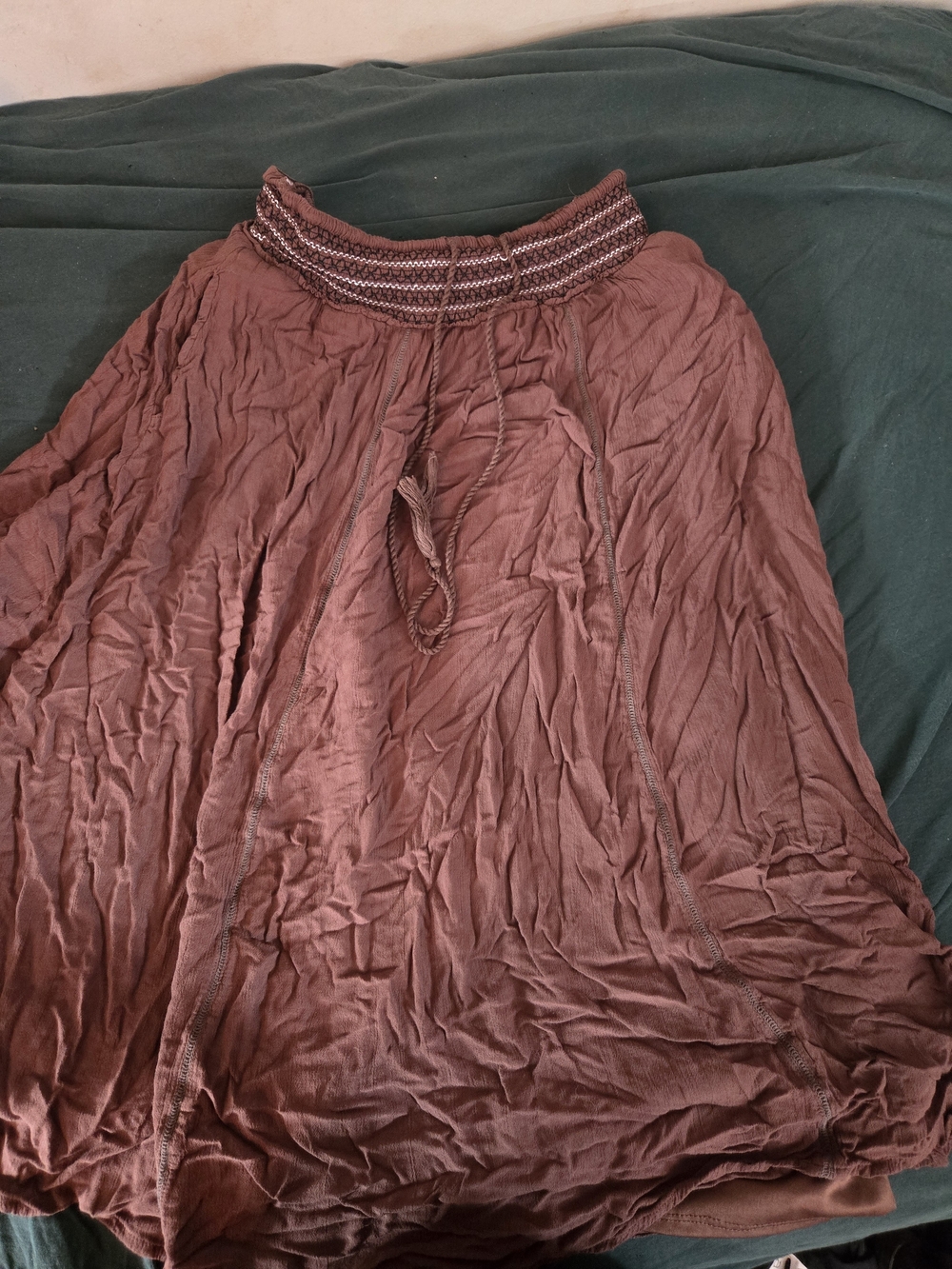 Brown Elastic-Waist A-Line Maxi Skirt